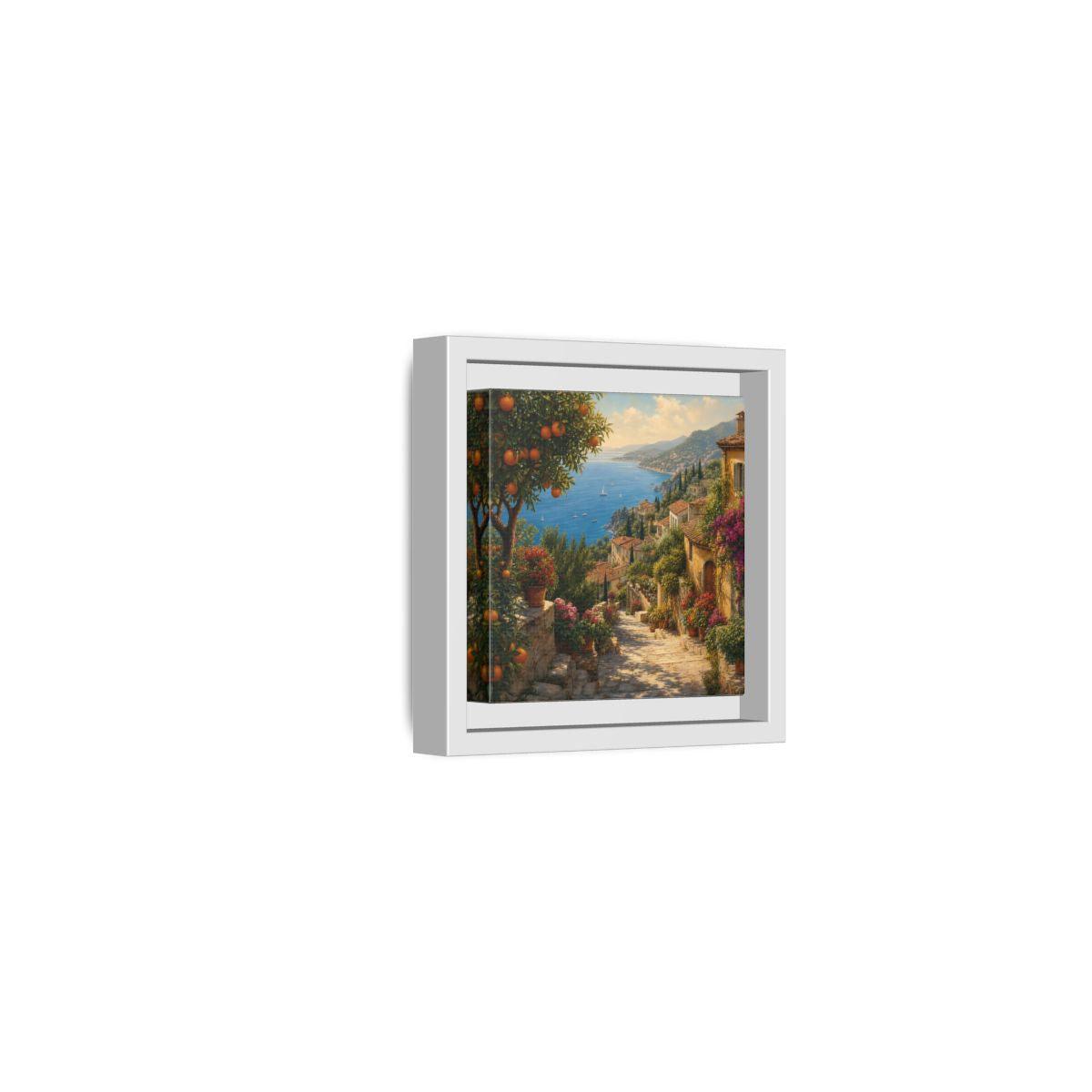 Side Mockup 22. Nature Mediterranean Village Vibrant Coastal Village shown as stretched canvas wall art
