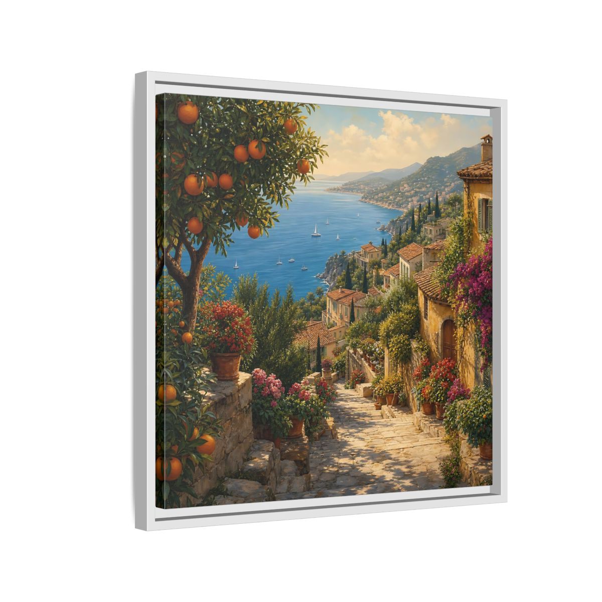 Side Mockup 10. Nature Mediterranean Village Vibrant Coastal Village shown as stretched canvas wall art