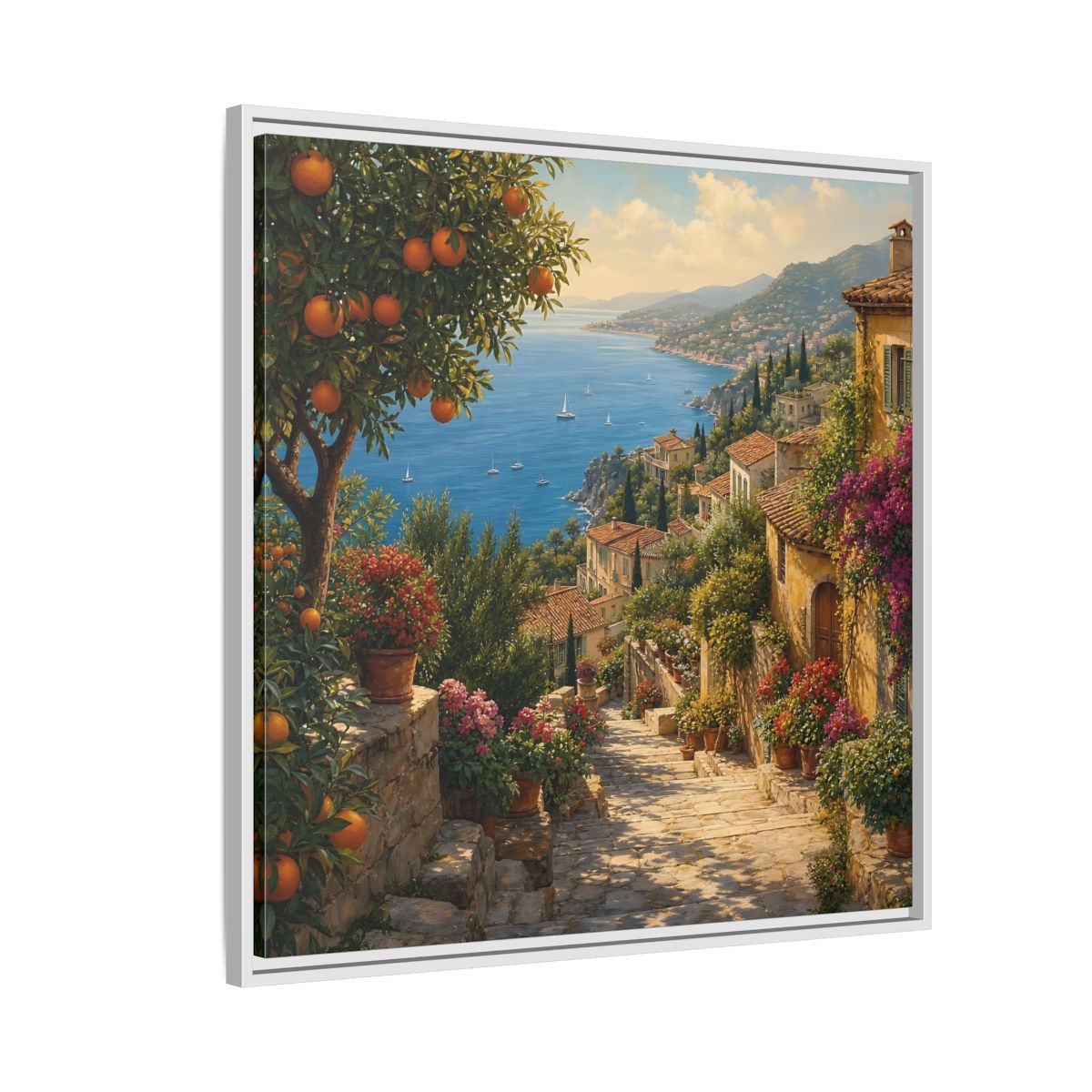 Side Mockup 7. Nature Mediterranean Village Vibrant Coastal Village shown as stretched canvas wall art