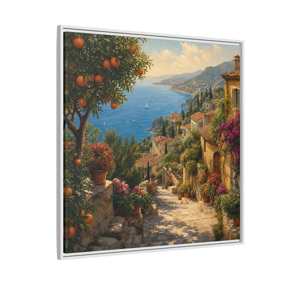 Side Mockup 4. Nature Mediterranean Village Vibrant Coastal Village shown as stretched canvas wall art