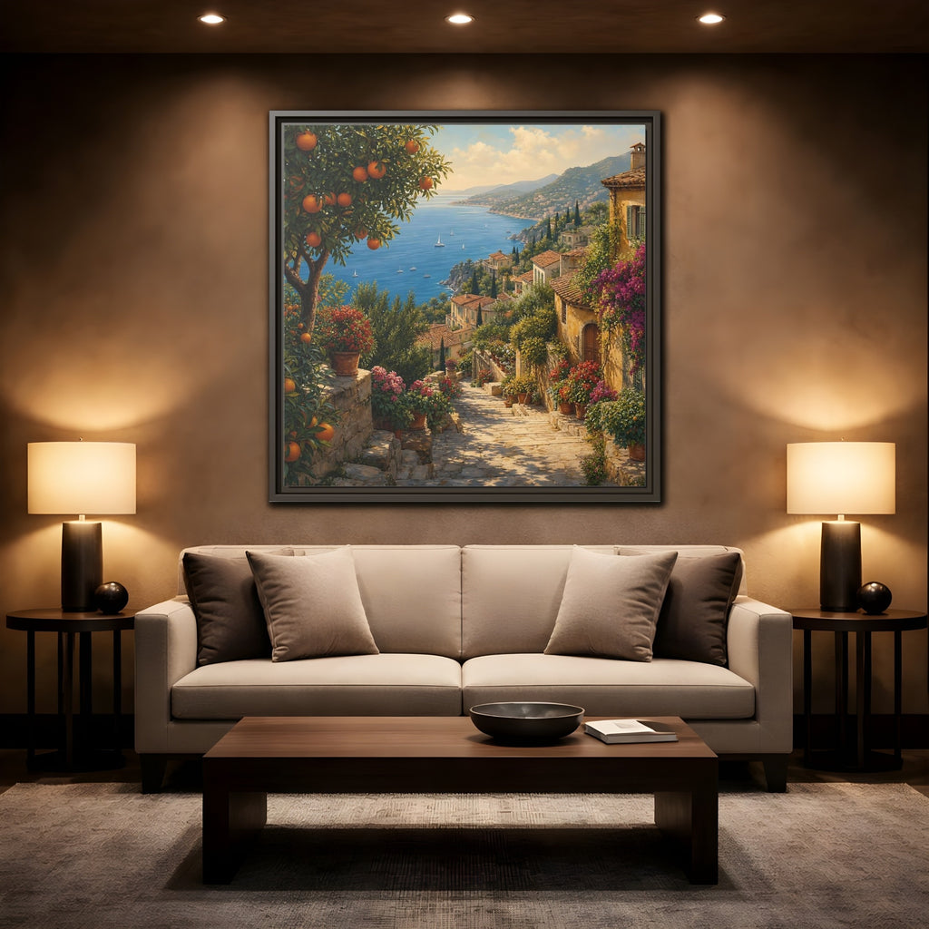 Mockup 2. Nature Mediterranean Village Vibrant Coastal Village shown as stretched canvas wall art