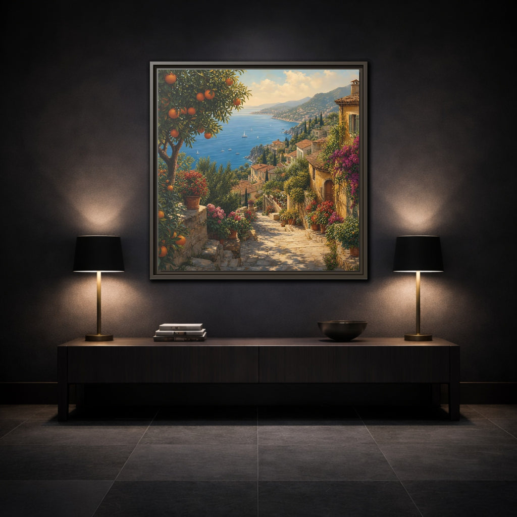 Mockup 3. Nature Mediterranean Village Vibrant Coastal Village shown as stretched canvas wall art