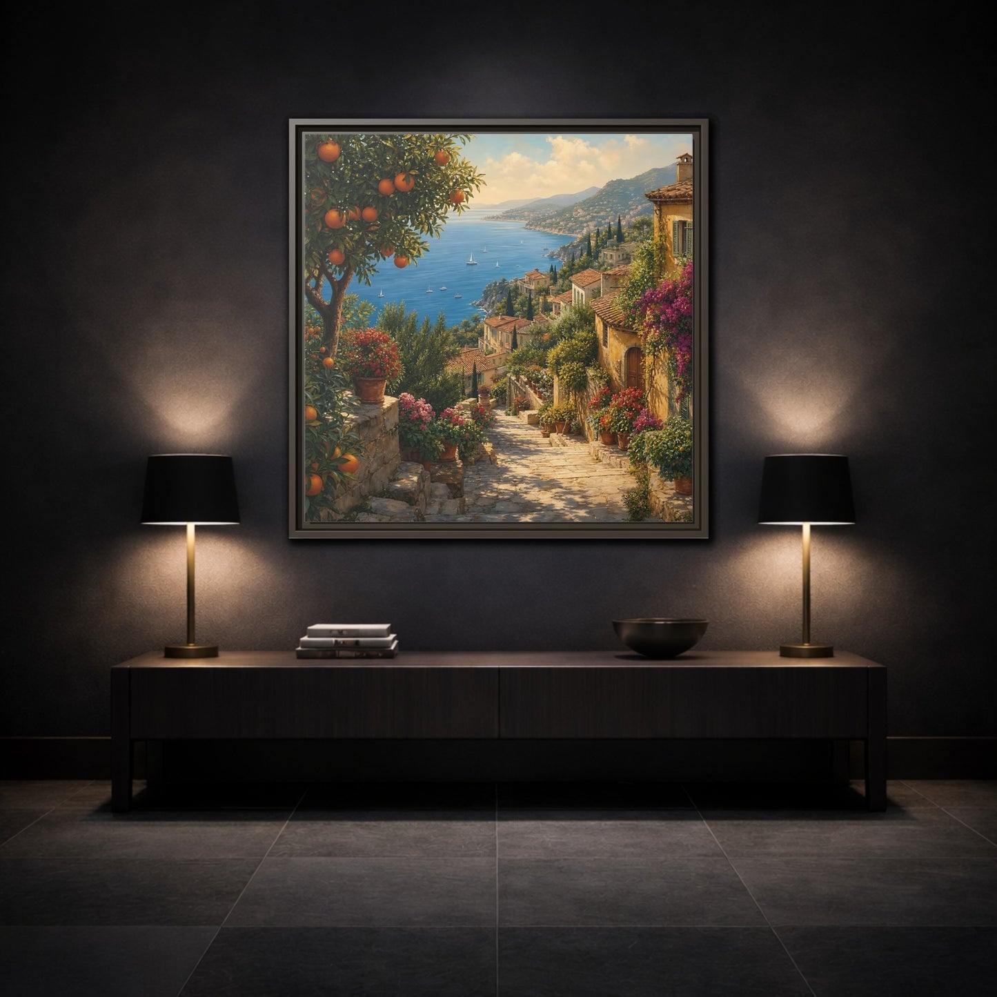 Mockup 3. Nature Mediterranean Village Vibrant Coastal Village shown as stretched canvas wall art