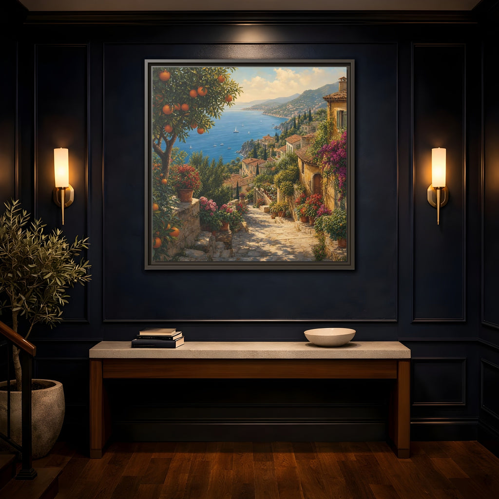 Mockup 4. Nature Mediterranean Village Vibrant Coastal Village shown as stretched canvas wall art