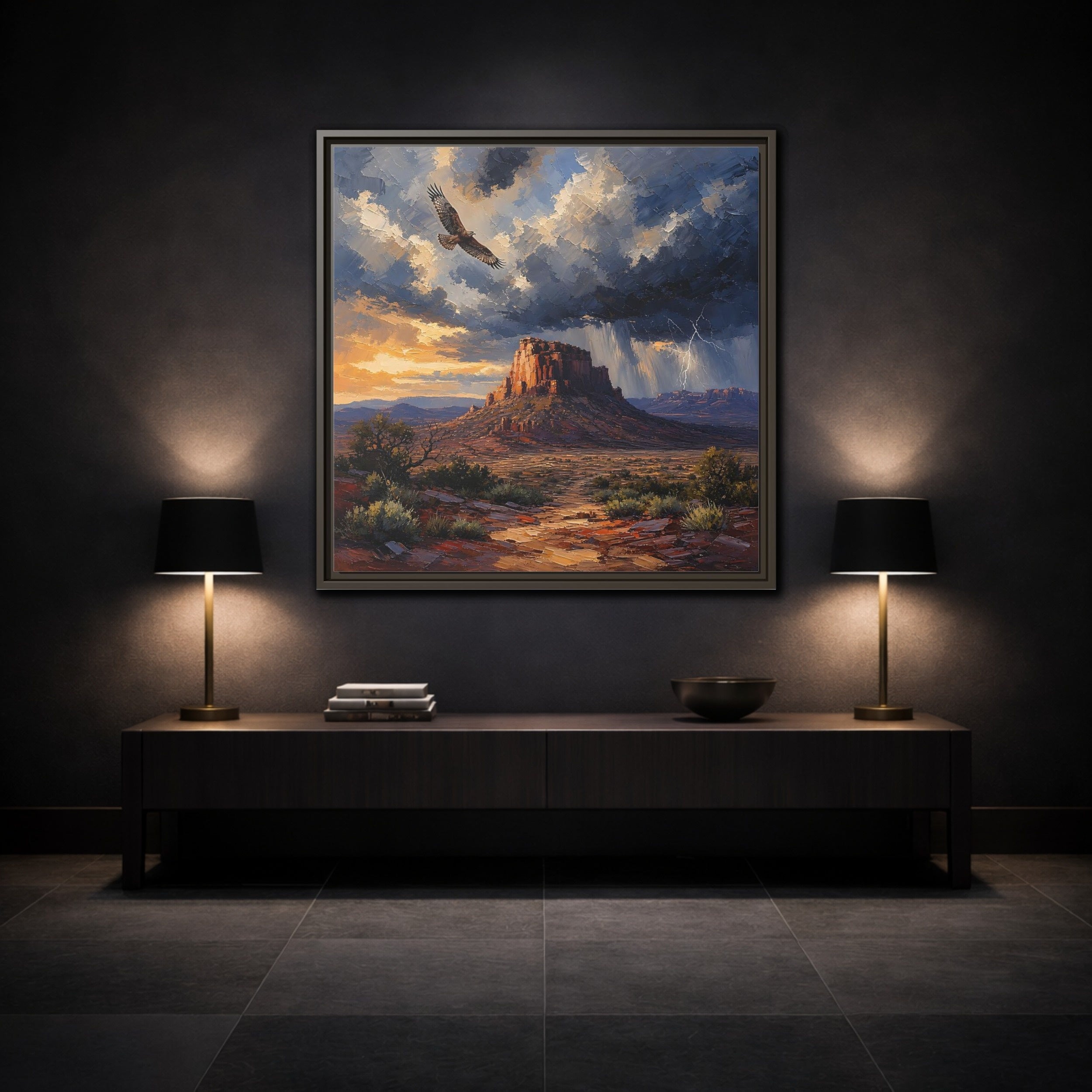 Mockup 3. Nature Mesa Desert Storm shown as stretched canvas wall art