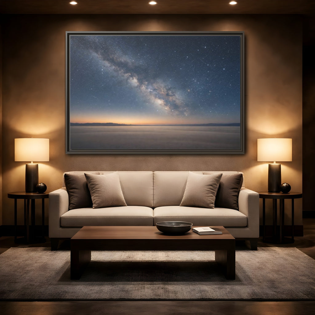 Mockup 2. Nature Milky Way Blue And Orange shown as stretched canvas wall art