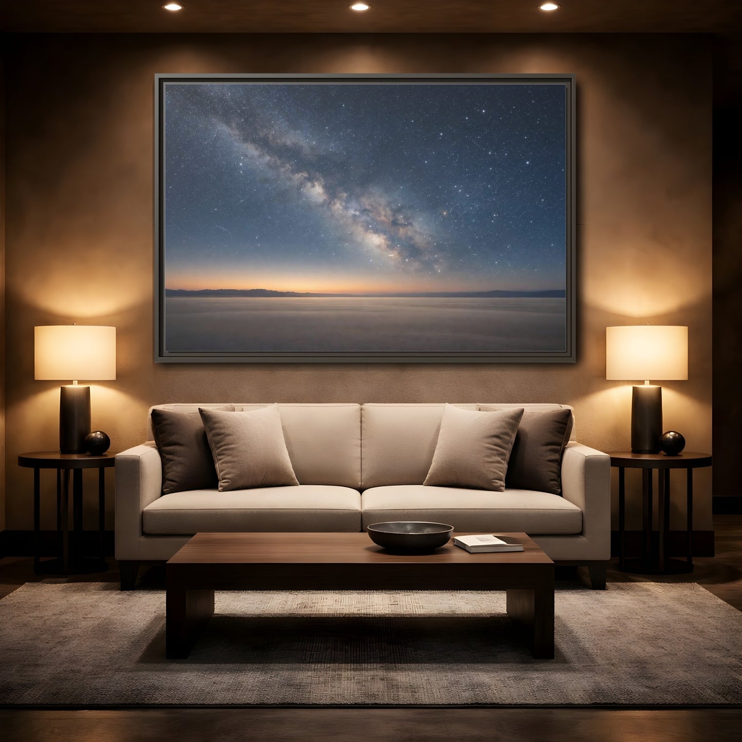 Mockup 2. Nature Milky Way Blue And Orange shown as stretched canvas wall art