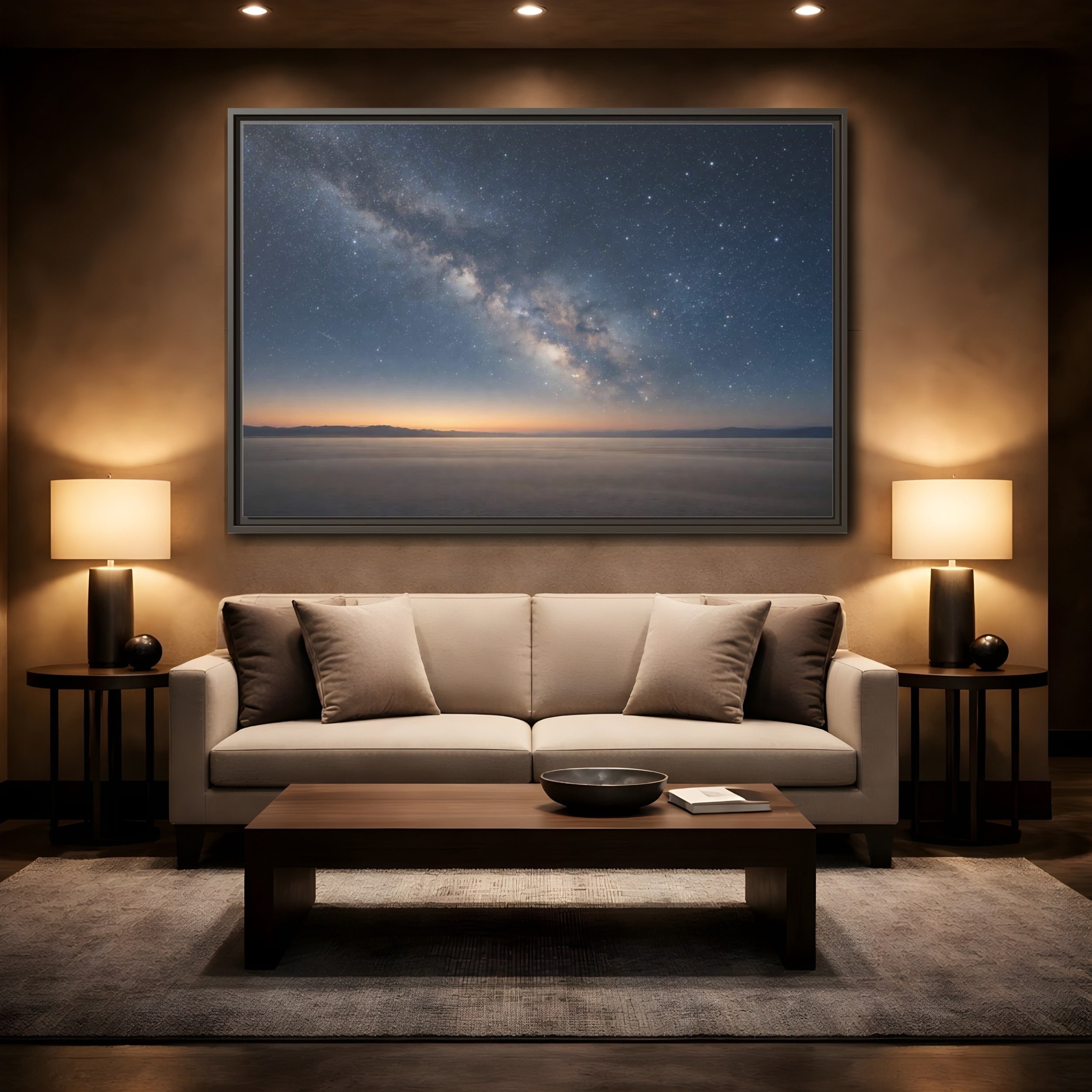 Mockup 2. Nature Milky Way Blue And Orange shown as stretched canvas wall art