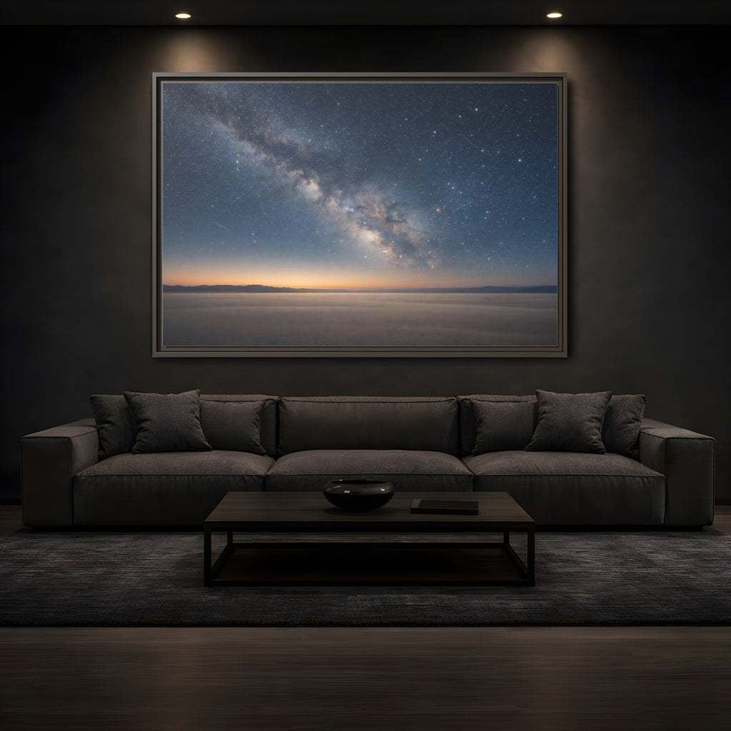 Mockup 3. Nature Milky Way Blue And Orange shown as stretched canvas wall art