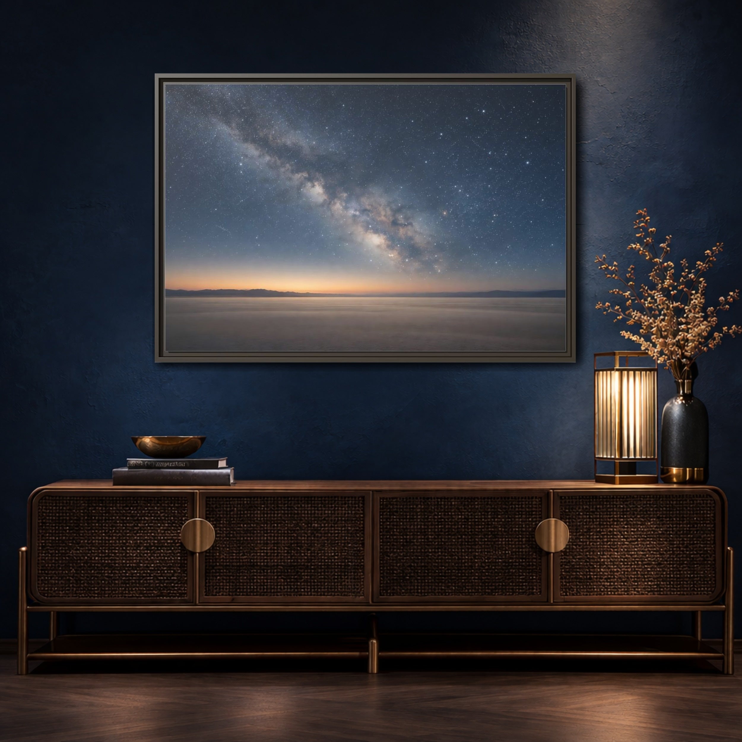 Mockup 4. Nature Milky Way Blue And Orange shown as stretched canvas wall art