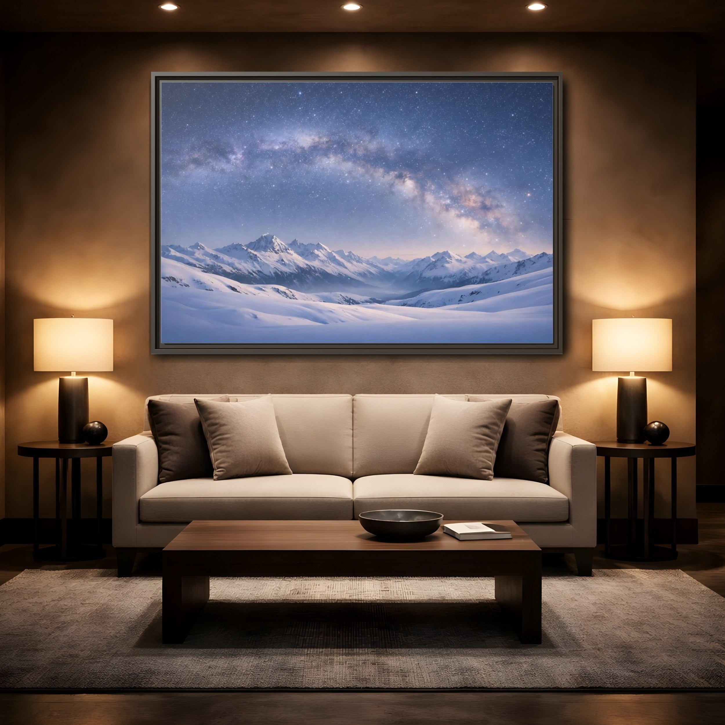 Mockup 2. Nature Milky Way Blue Mountain Sky shown as stretched canvas wall art