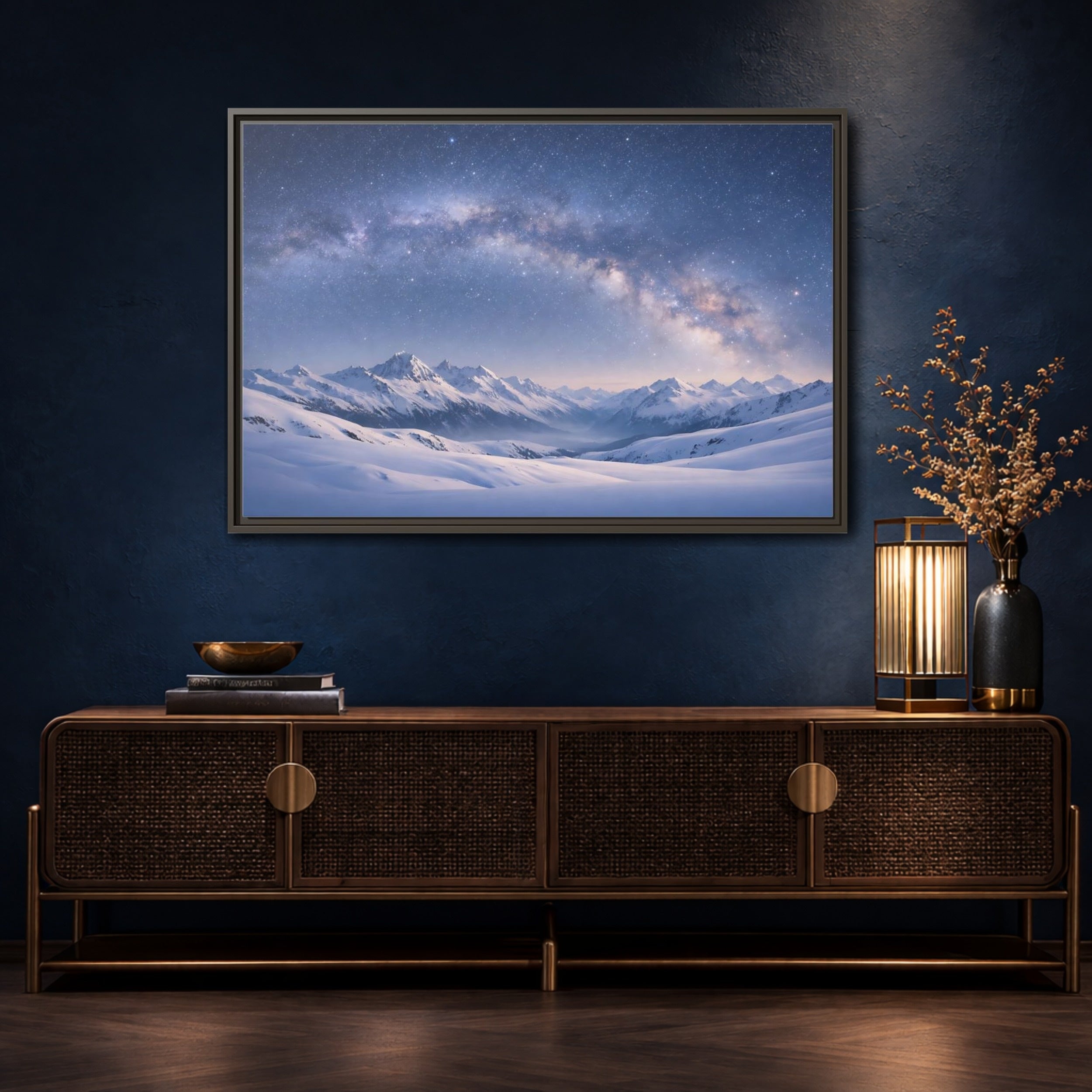 Mockup 4. Nature Milky Way Blue Mountain Sky shown as stretched canvas wall art