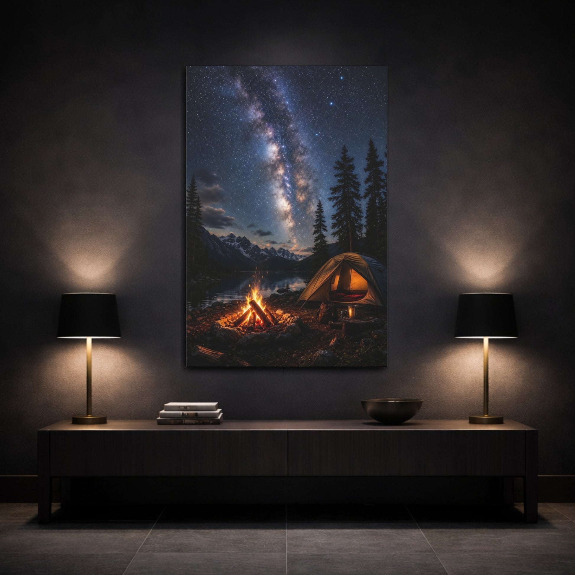 Nature Milky Way Blue Night Sky Canvas Wall Art Print - Photorealistic Living Room, Above Couch shown as canvas wall art