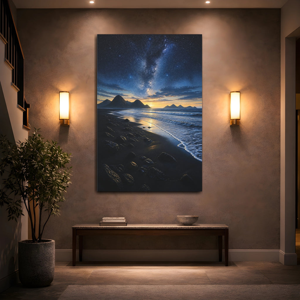 Mockup 2. Nature Milky Way Dark Blue Starry shown as stretched canvas wall art