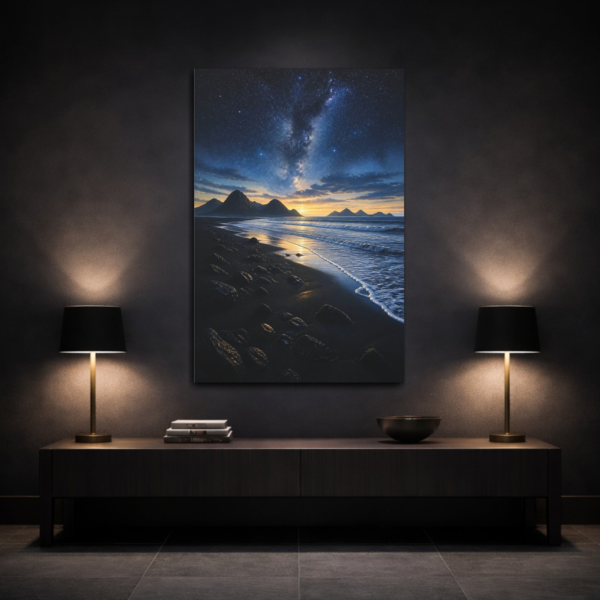 Mockup 3. Nature Milky Way Dark Blue Starry shown as stretched canvas wall art