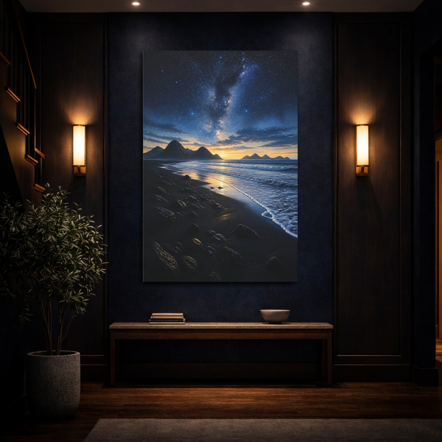 Mockup 4. Nature Milky Way Dark Blue Starry shown as stretched canvas wall art