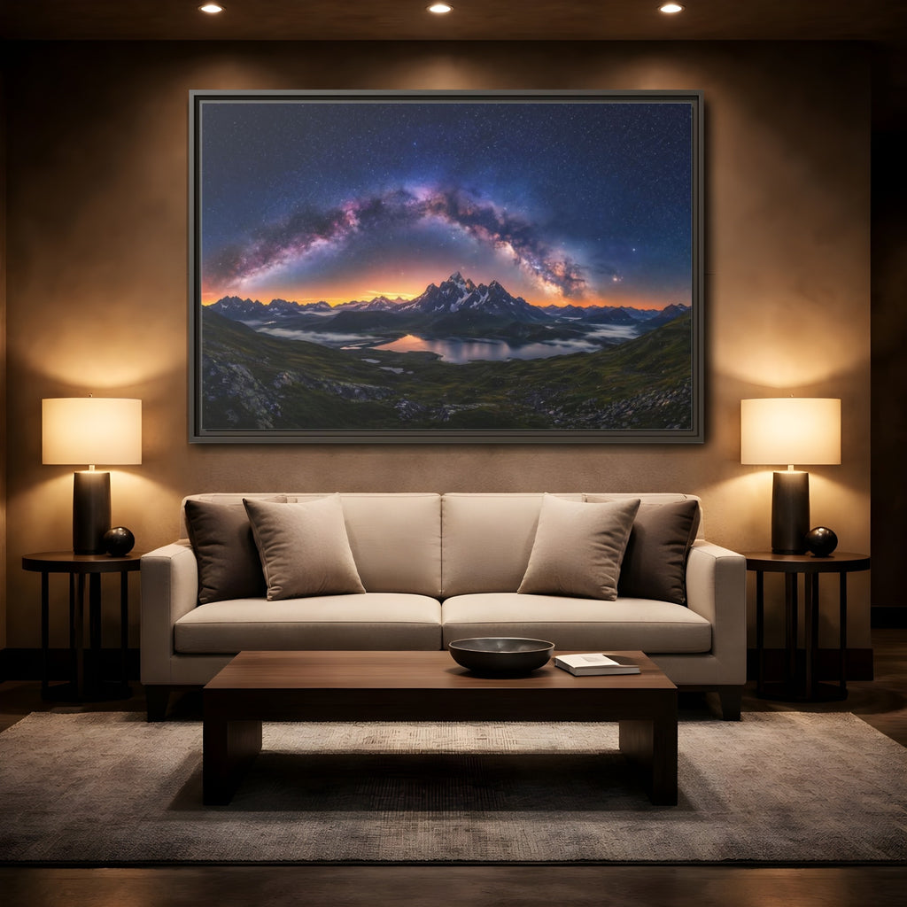 Mockup 2. Nature Milky Way Mountains Night Sky Mountain shown as stretched canvas wall art