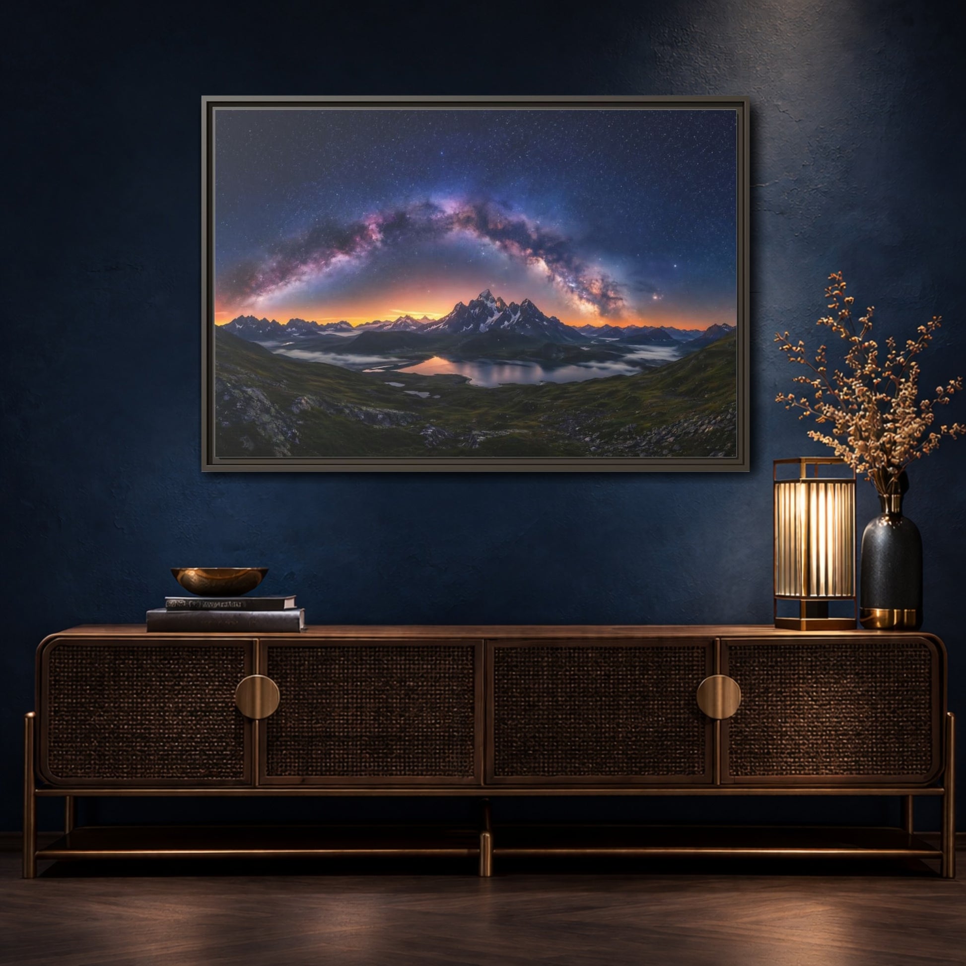 Mockup 4. Nature Milky Way Mountains Night Sky Mountain shown as stretched canvas wall art