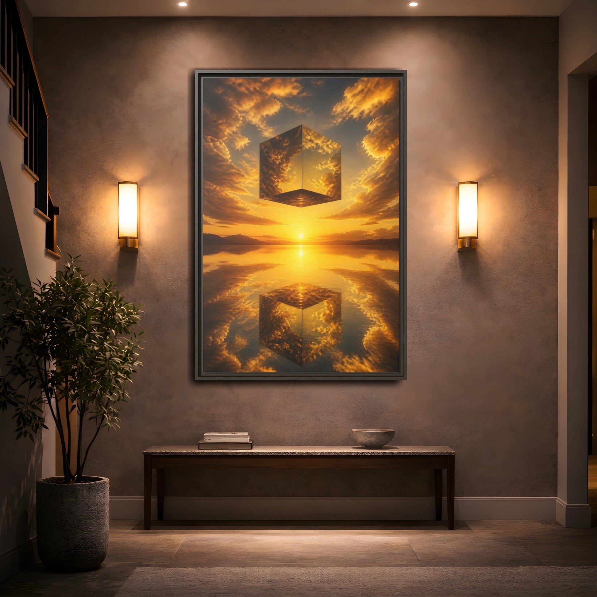 Mockup 2. Nature Mirrored Cube Golden Sunset Cube shown as stretched canvas wall art