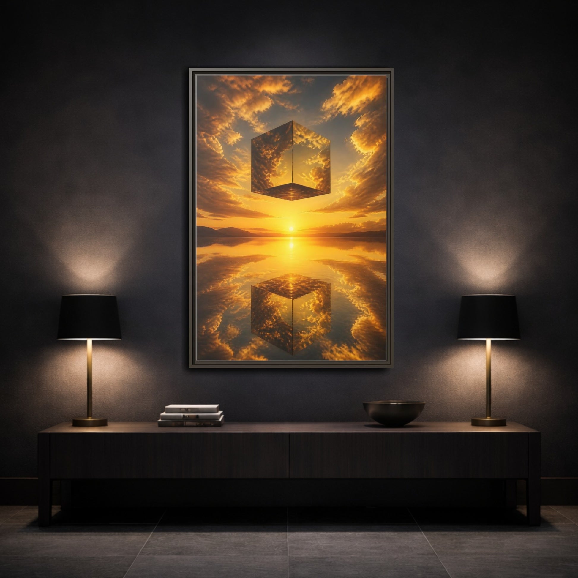 Mockup 3. Nature Mirrored Cube Golden Sunset Cube shown as stretched canvas wall art