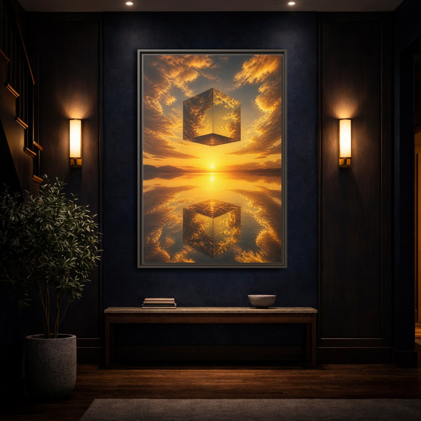 Mockup 4. Nature Mirrored Cube Golden Sunset Cube shown as stretched canvas wall art