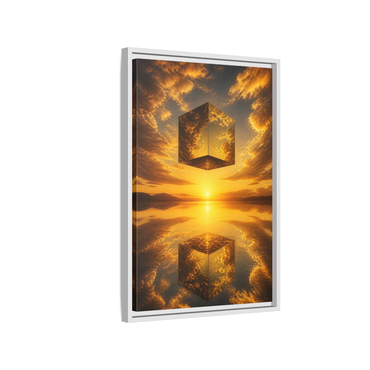 Side Mockup 1. Nature Mirrored Cube Golden Sunset Cube shown as stretched canvas wall art