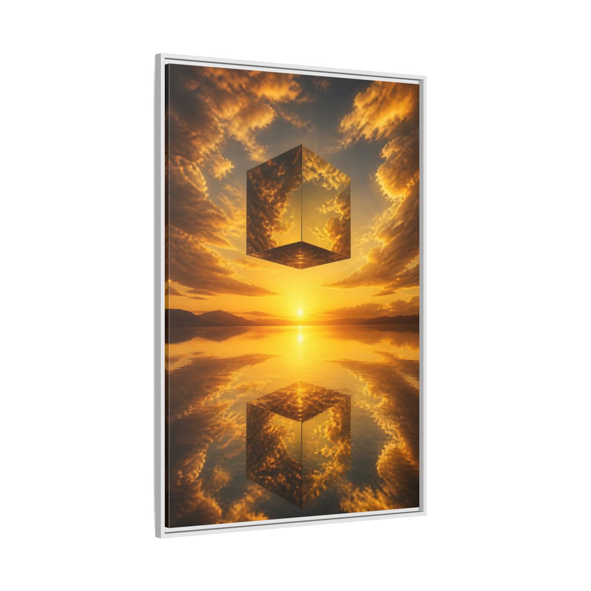 Side Mockup 7. Nature Mirrored Cube Golden Sunset Cube shown as stretched canvas wall art