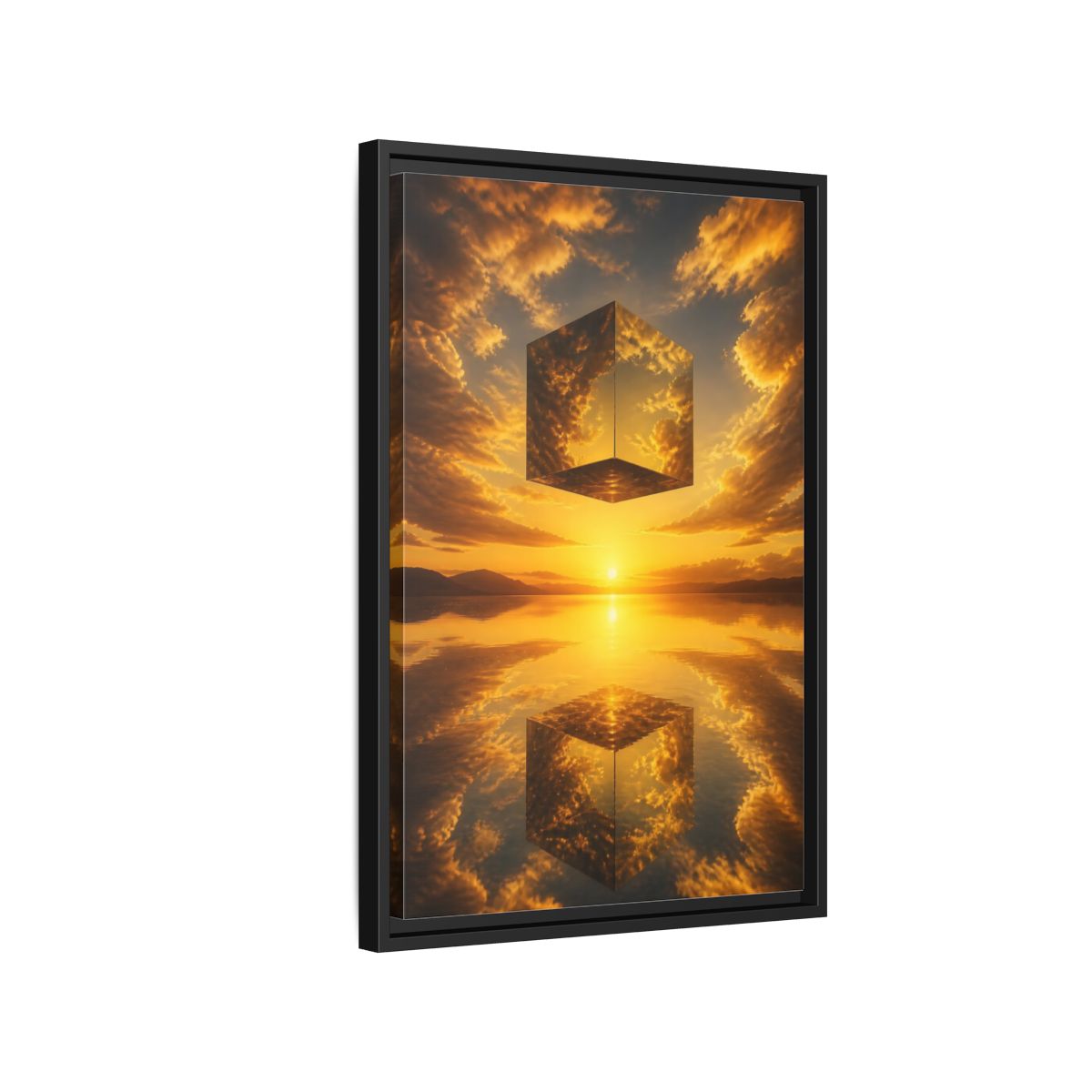 Side Mockup 3. Nature Mirrored Cube Golden Sunset Cube shown as stretched canvas wall art