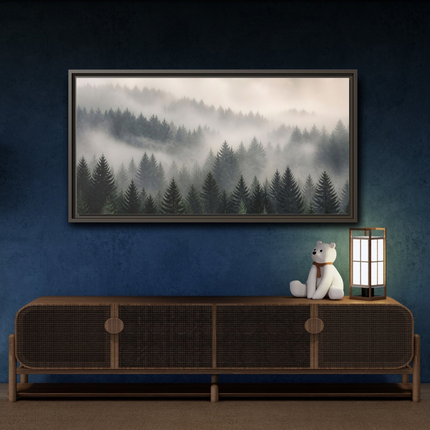 Mockup 4. Nature Misty Forest Green Foggy Forest shown as stretched canvas wall art