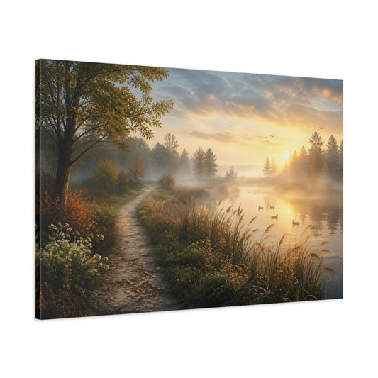 Main Mockup. Nature Misty Lake Golden Hour Landscape shown as stretched canvas wall art