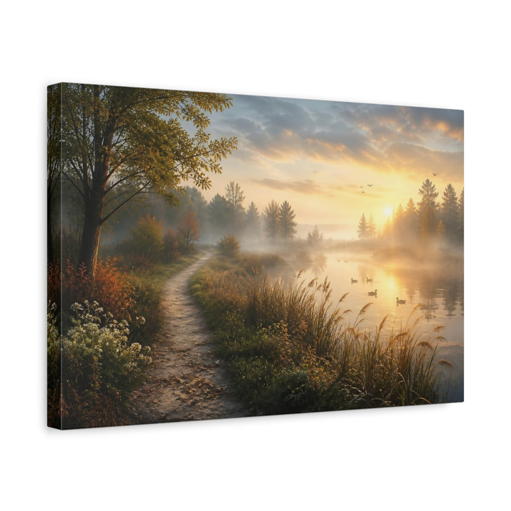 Side Mockup 4. Nature Misty Lake Golden Hour Landscape shown as stretched canvas wall art