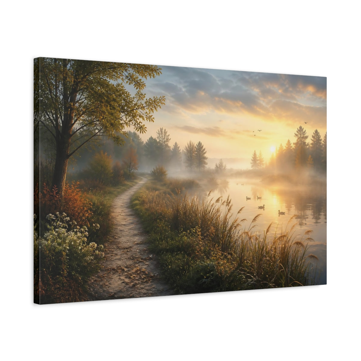 Side Mockup 2. Nature Misty Lake Golden Hour Landscape shown as stretched canvas wall art