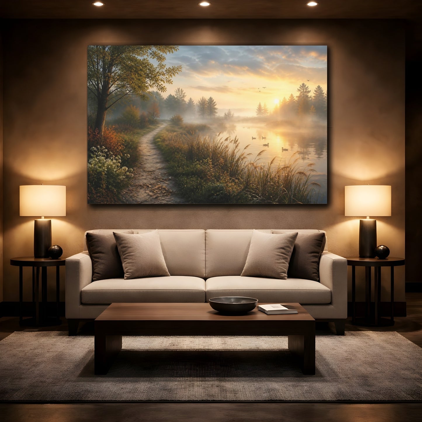 Mockup 2. Nature Misty Lake Golden Hour Landscape shown as stretched canvas wall art