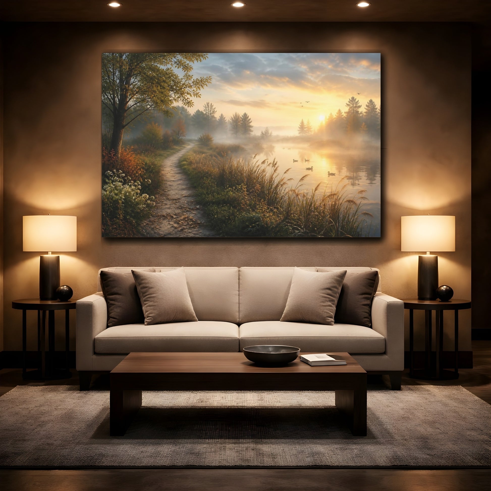 Mockup 2. Nature Misty Lake Golden Hour Landscape shown as stretched canvas wall art