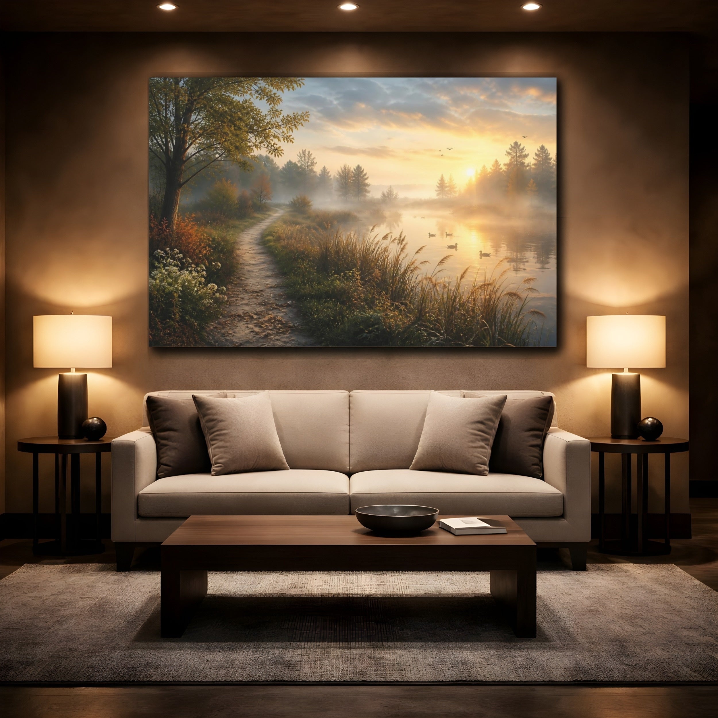 Mockup 2. Nature Misty Lake Golden Hour Landscape shown as stretched canvas wall art