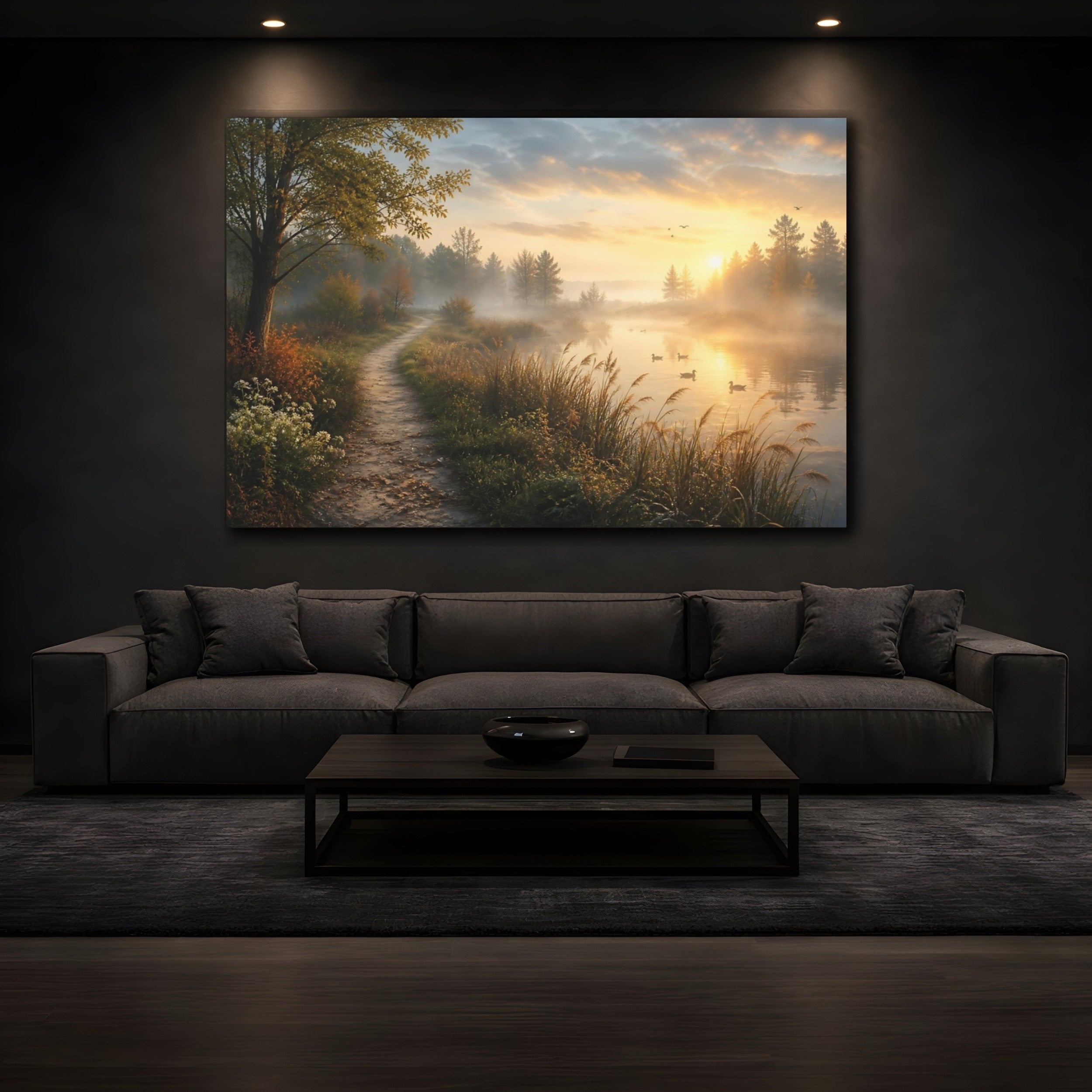 Mockup 3. Nature Misty Lake Golden Hour Landscape shown as stretched canvas wall art