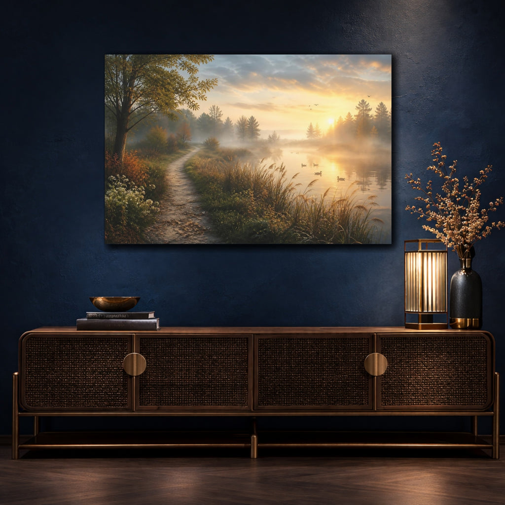 Mockup 4. Nature Misty Lake Golden Hour Landscape shown as stretched canvas wall art
