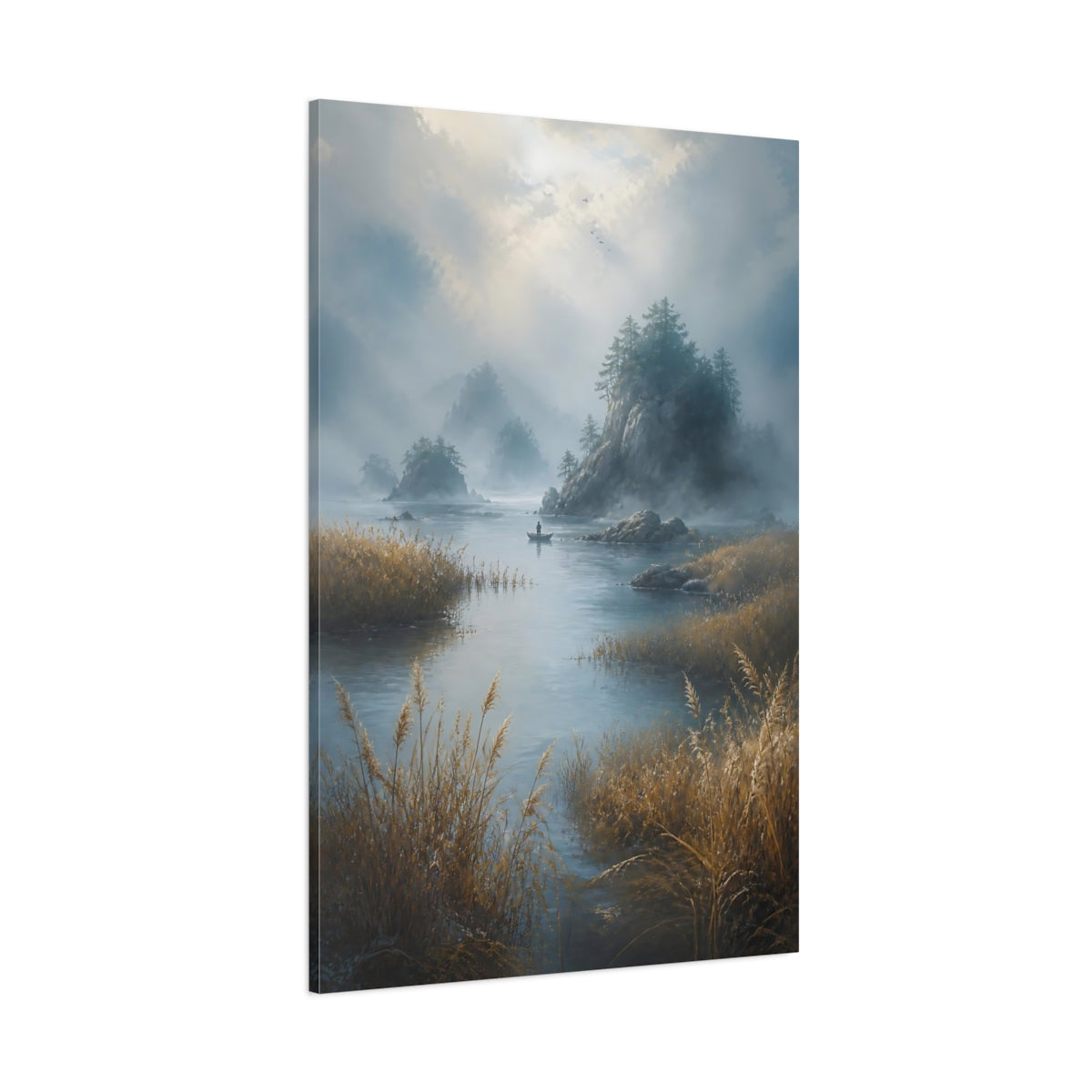 Side Mockup 1. Nature Misty Lake Misty Landscape shown as stretched canvas wall art