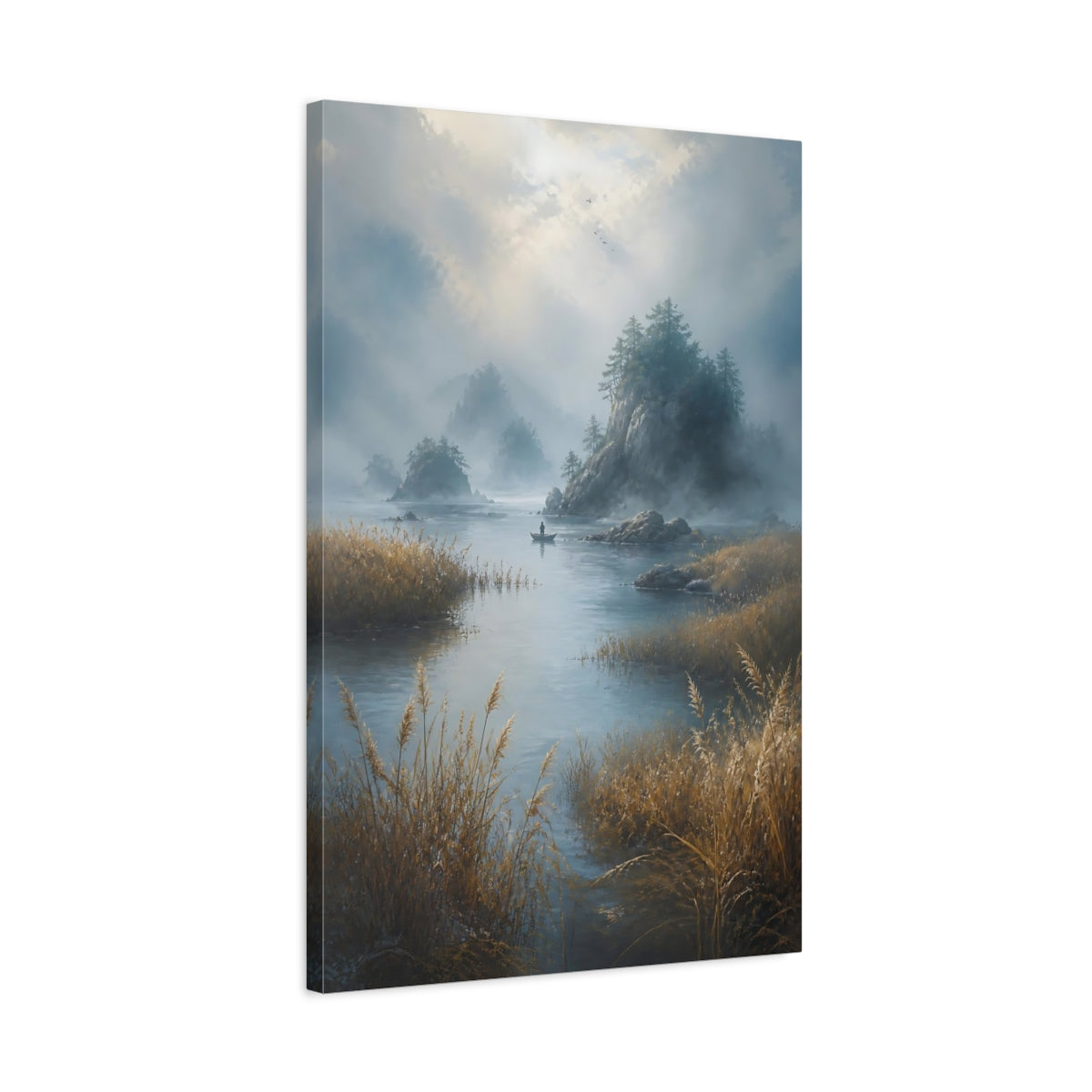 Side Mockup 2. Nature Misty Lake Misty Landscape shown as stretched canvas wall art