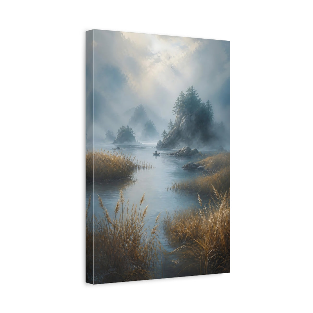 Side Mockup 4. Nature Misty Lake Misty Landscape shown as stretched canvas wall art