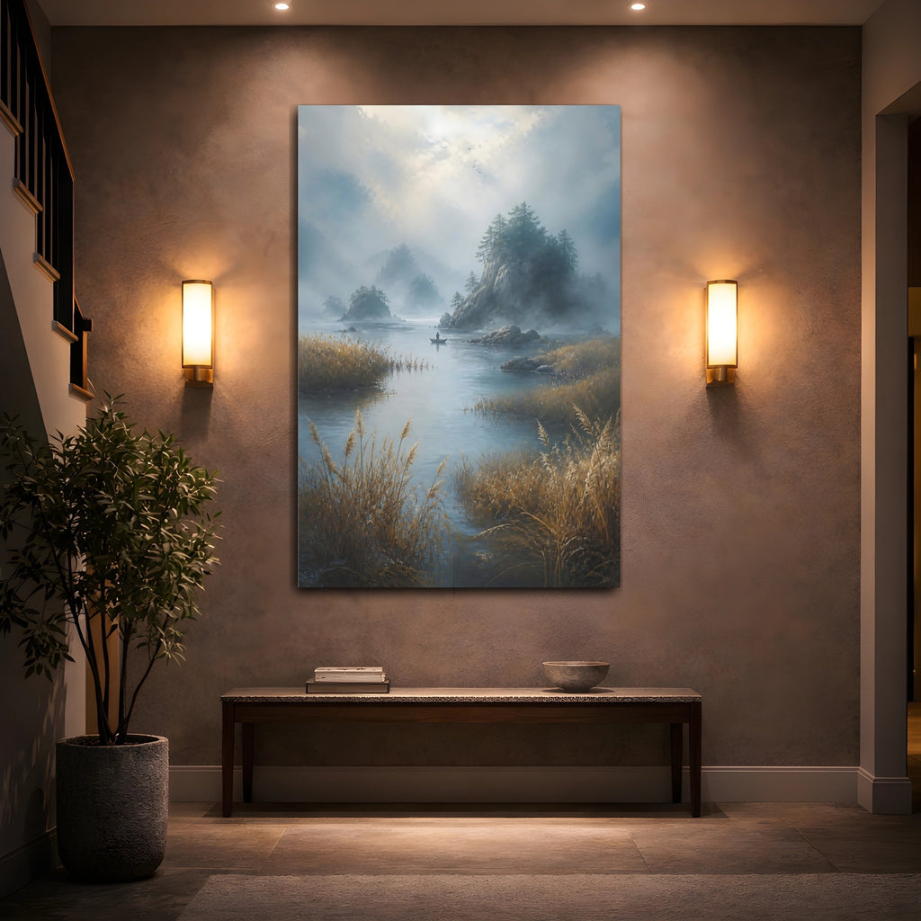 Mockup 2. Nature Misty Lake Misty Landscape shown as stretched canvas wall art