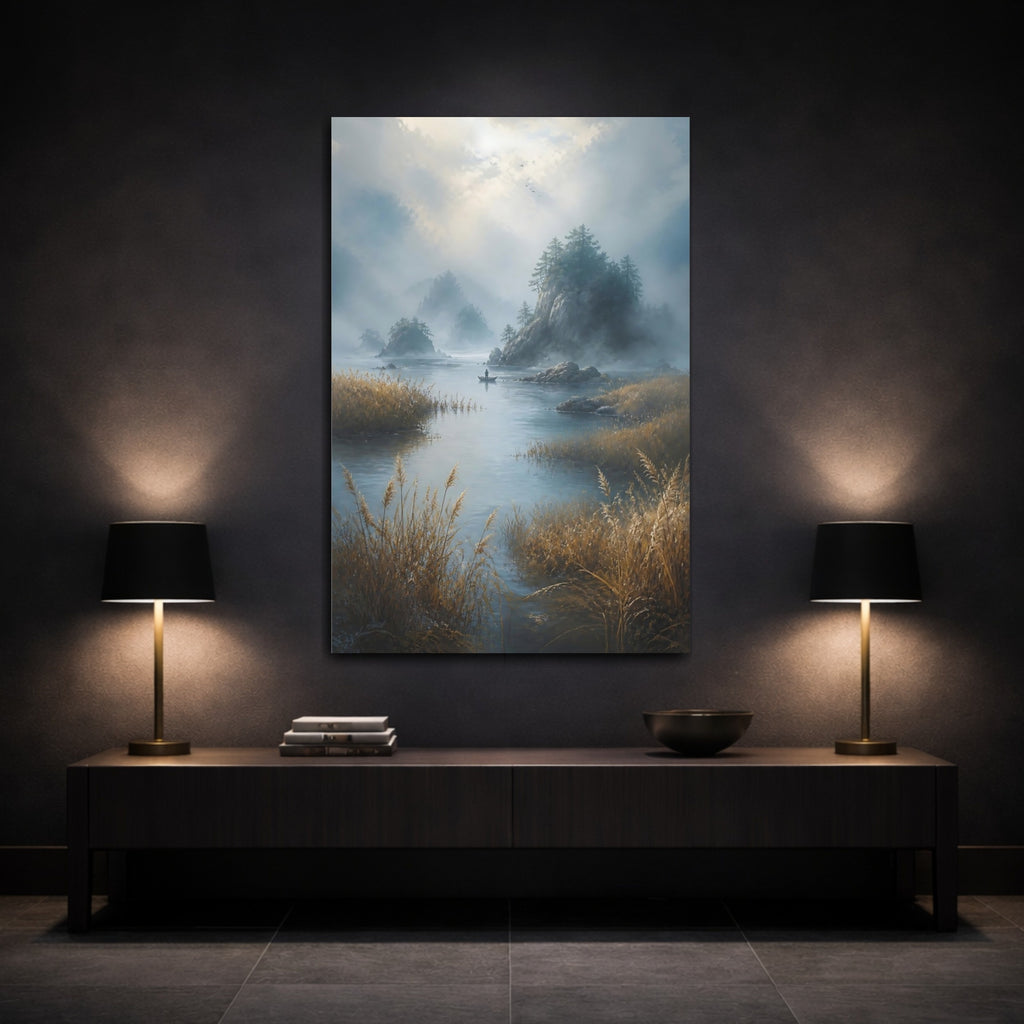 Mockup 3. Nature Misty Lake Misty Landscape shown as stretched canvas wall art