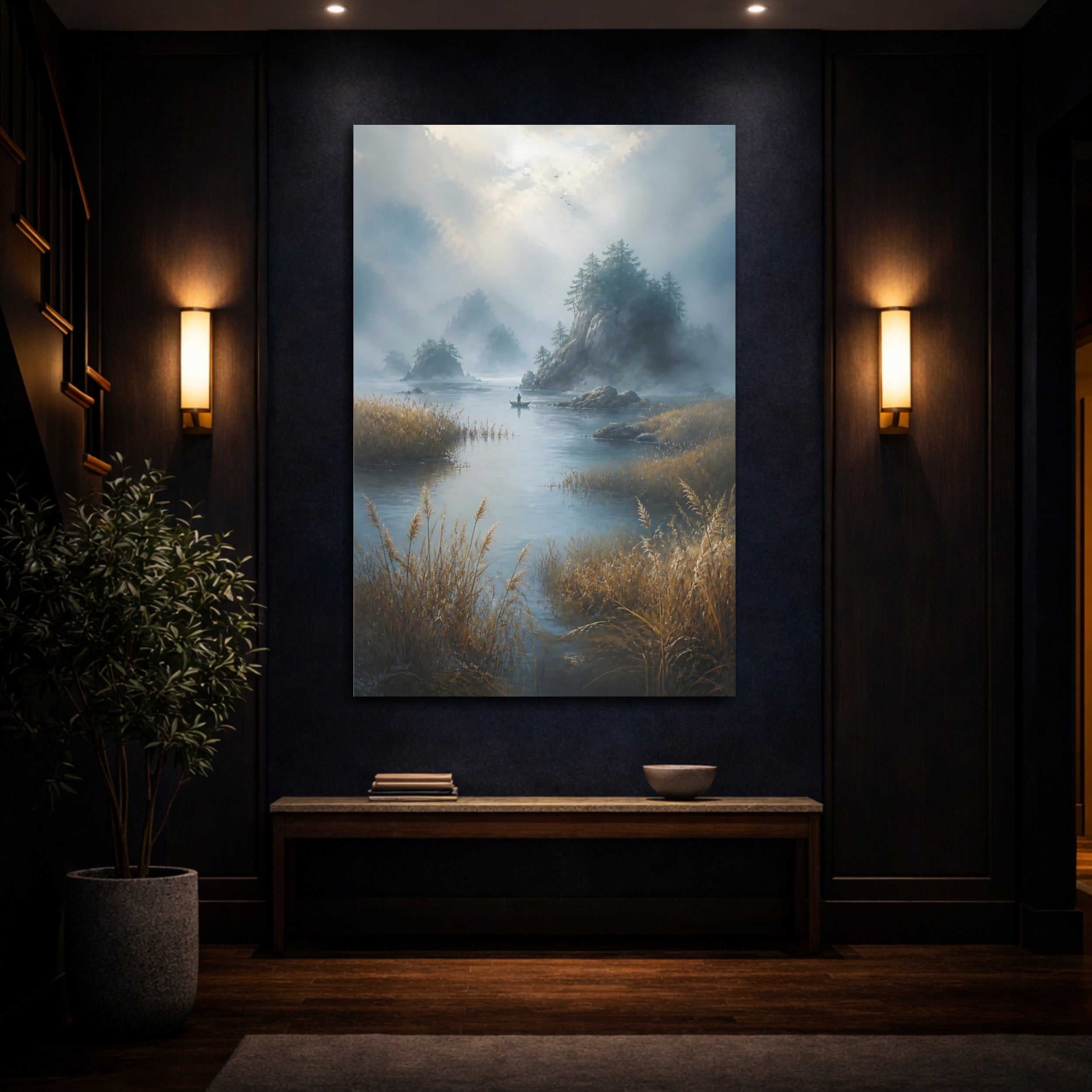 Mockup 4. Nature Misty Lake Misty Landscape shown as stretched canvas wall art