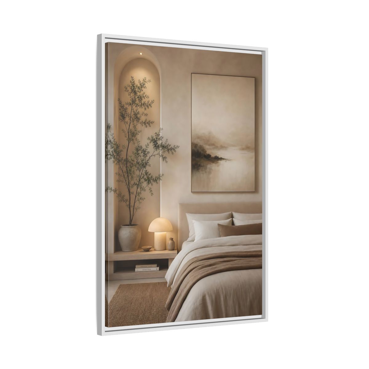 Side Mockup 9. Nature Misty Landscape Brown And Beige shown as stretched canvas wall art