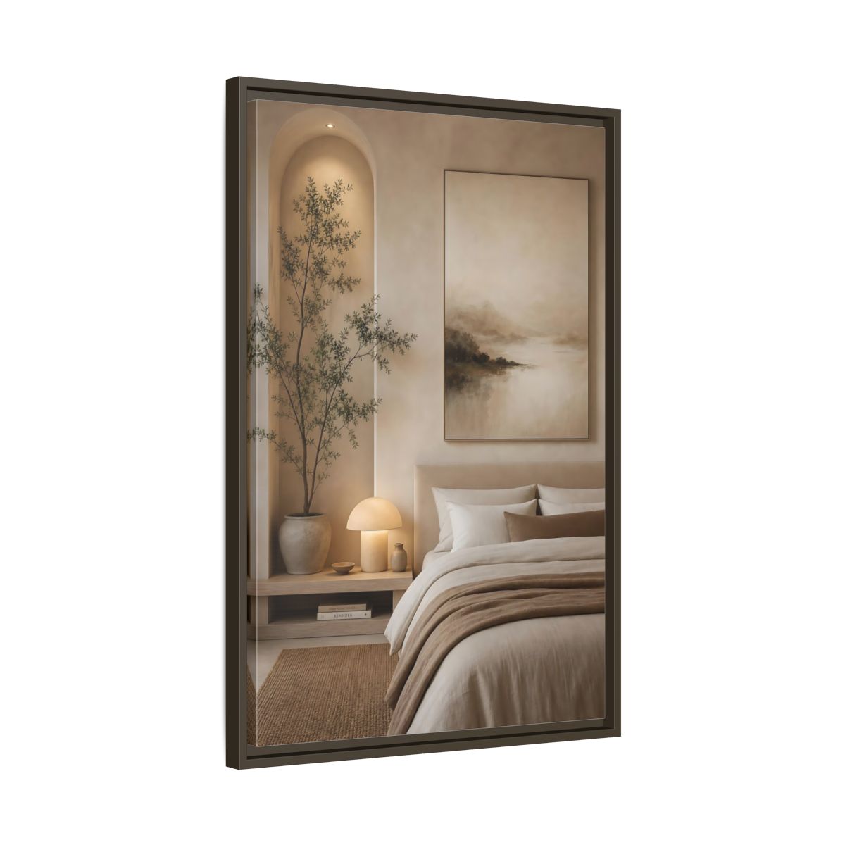 Side Mockup 11. Nature Misty Landscape Brown And Beige shown as stretched canvas wall art
