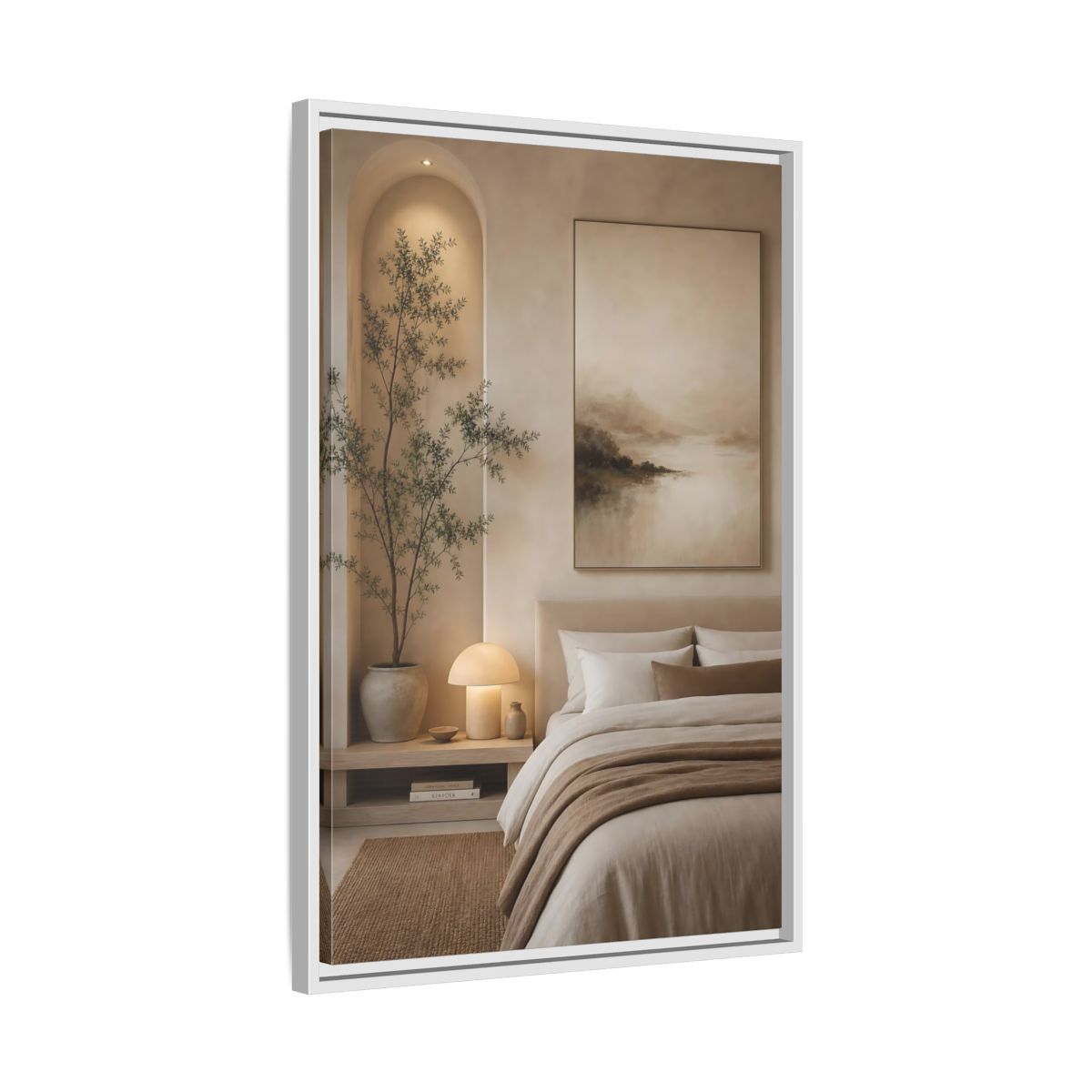 Side Mockup 10. Nature Misty Landscape Brown And Beige shown as stretched canvas wall art