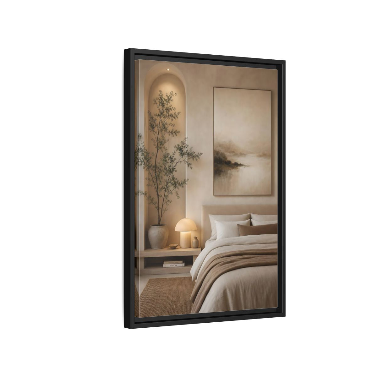 Side Mockup 3. Nature Misty Landscape Brown And Beige shown as stretched canvas wall art