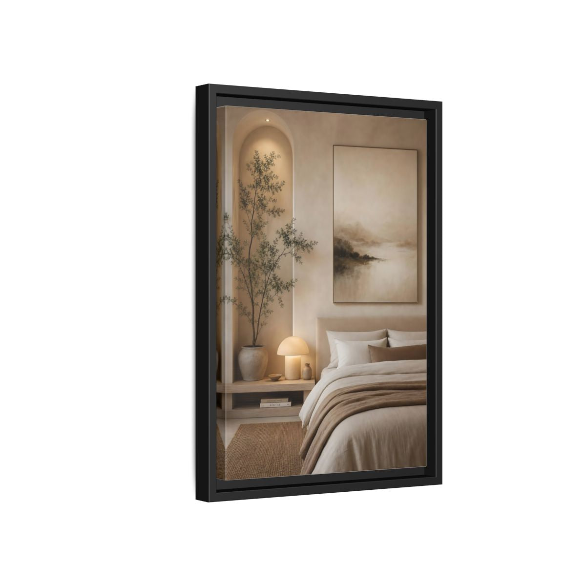 Side Mockup 6. Nature Misty Landscape Brown And Beige shown as stretched canvas wall art