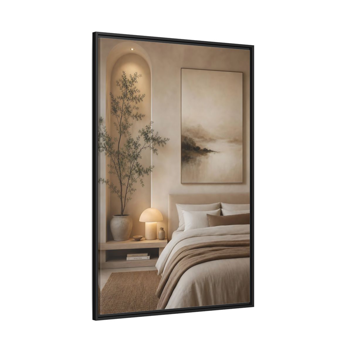 Side Mockup 12. Nature Misty Landscape Brown And Beige shown as stretched canvas wall art