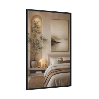 Side Mockup 12. Nature Misty Landscape Brown And Beige shown as stretched canvas wall art